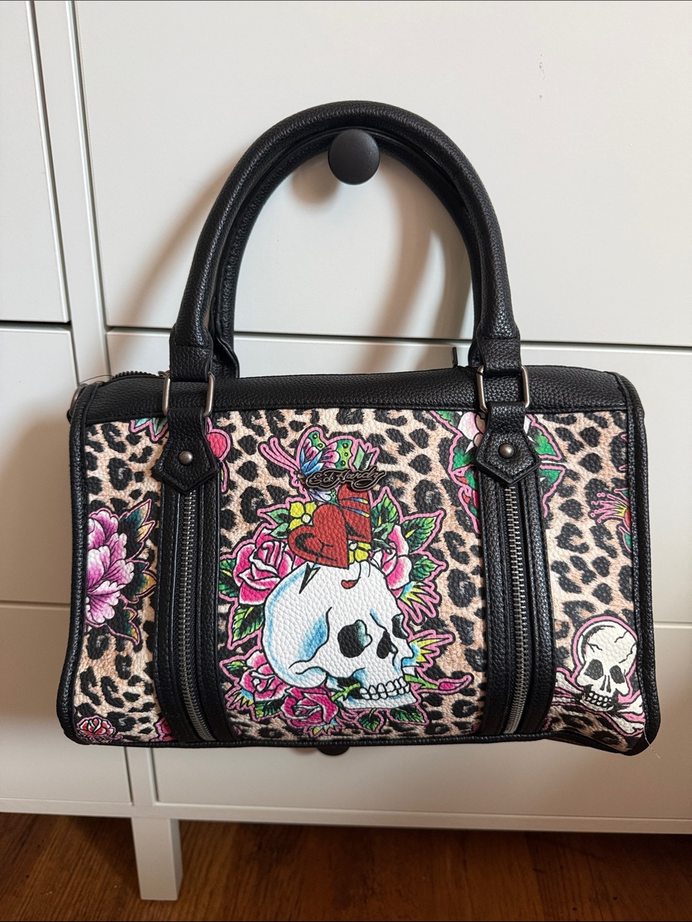 ED HARDY LEOPARD PRINT Skull & Floral Print Satchel Handbag - Black